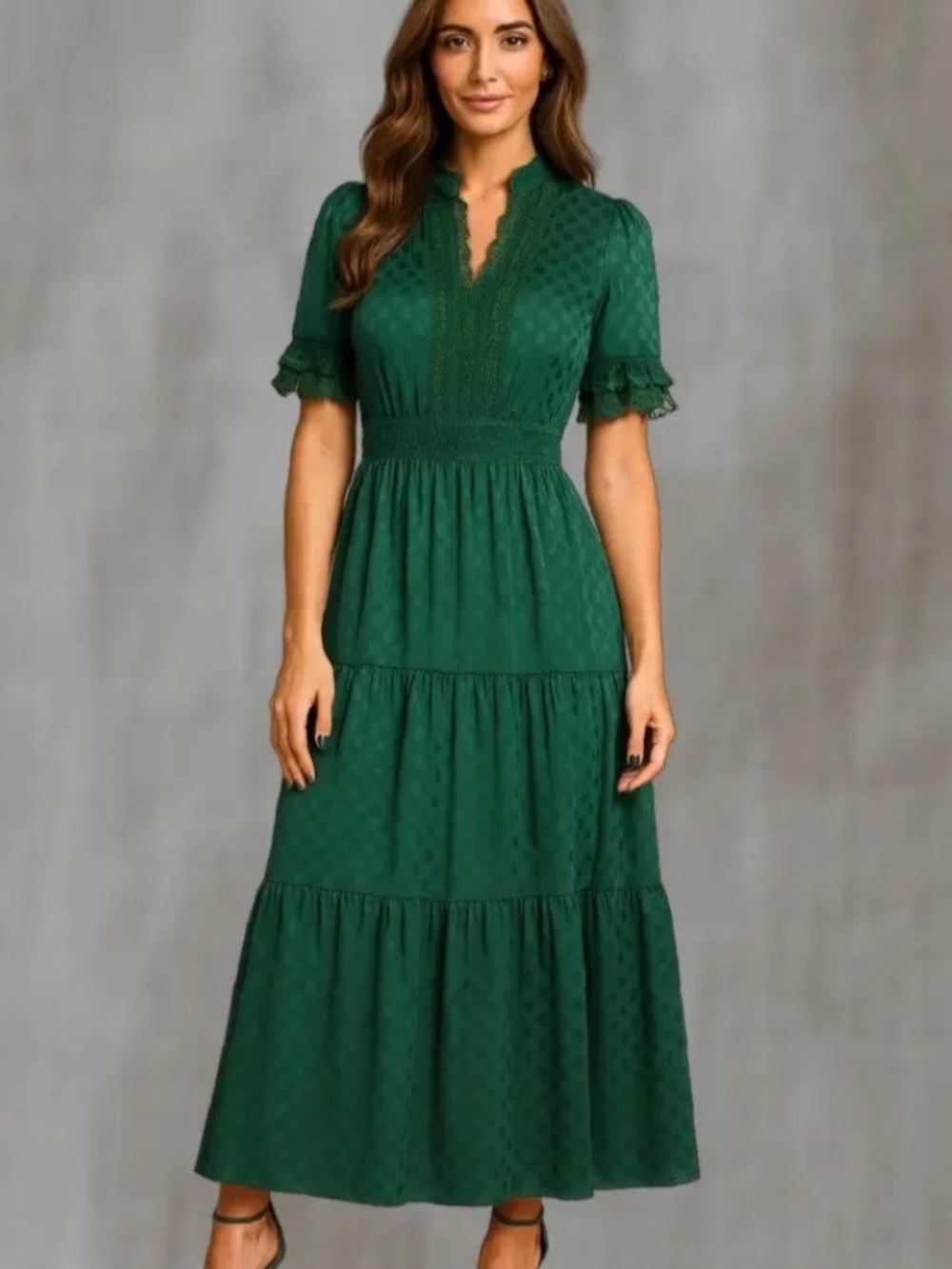 Max Studio Emerald Green Tiered Maxi Dress with Lace Trim